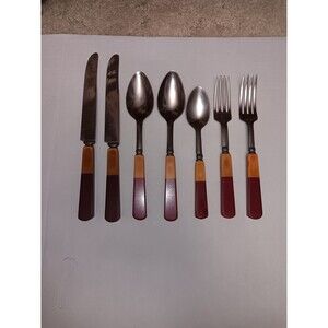 Bakelite Cherry Butterscotch two-tone Flatware 7 pieces